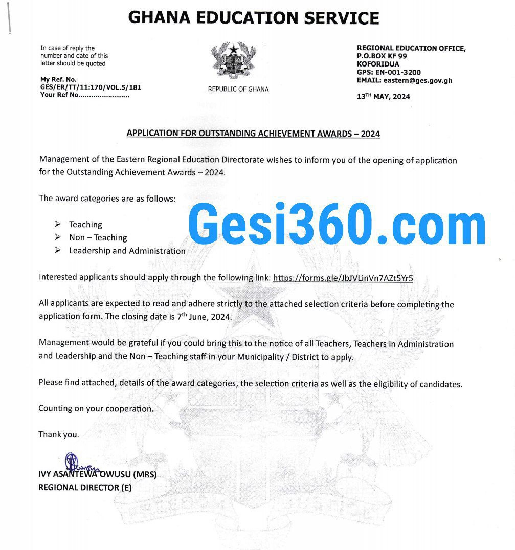 Apply for the Outstanding Achievement Award GES/ Eastern Regional Education Directorate