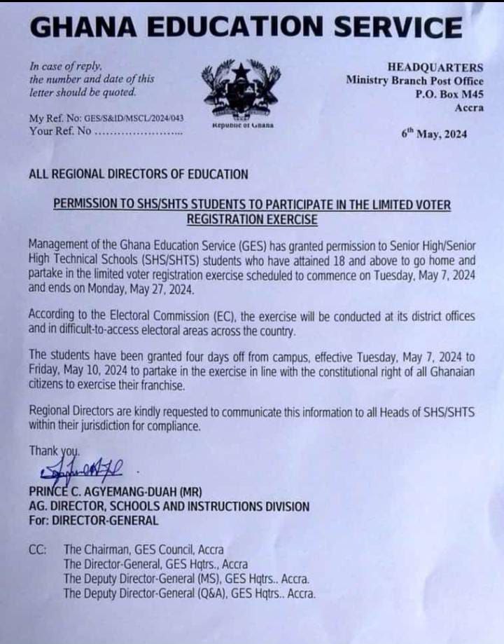 Letter From GES ; Four Days Given for SHS / SHTS/ STEM Students to Register in the limited Voters Registration by EC