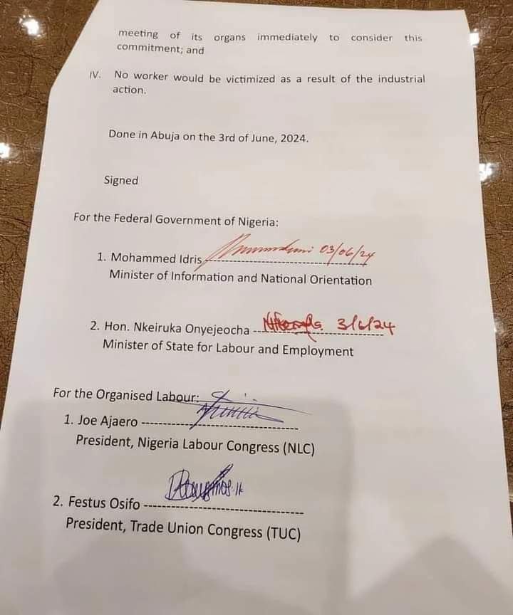 RESOLUTIONS REACHED AT THE MEETING BETWEEN THE FEDERAL GOVERNMENT AND THE ORGANISED LABOUR  NLC ON NATIONAL MINIMUM WAGE