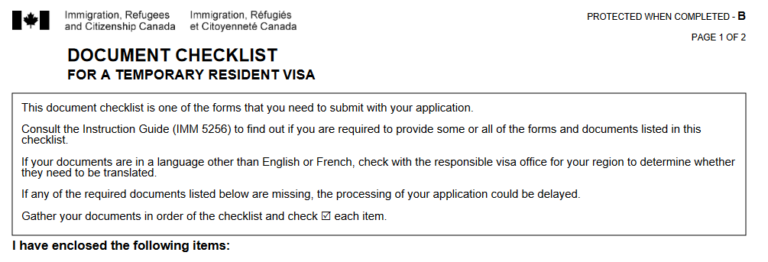 Document Checklist: Temporary Resident Visa (Visitor Visa) outside of Canada