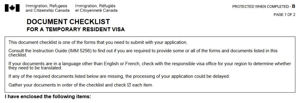 Document Checklist: Temporary Resident Visa (Visitor Visa) outside of Canada