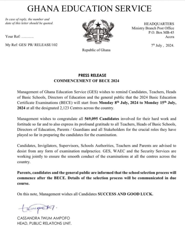 BECE 2024; GES Warns Teachers and Parents Against Exams Malpractice