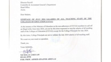 Stoppage of July 2024 Salaries for All Teaching Staff of the Colleges of Education (CETAG)