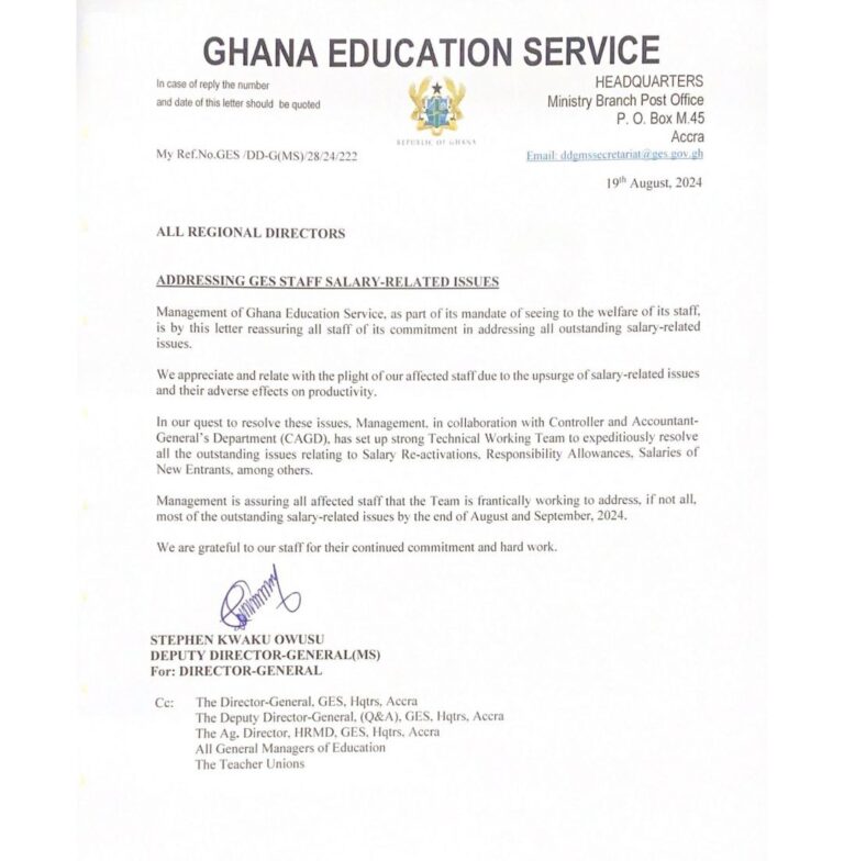 ADDRESSING GES STAFF SALARY-RELATED ISSUES