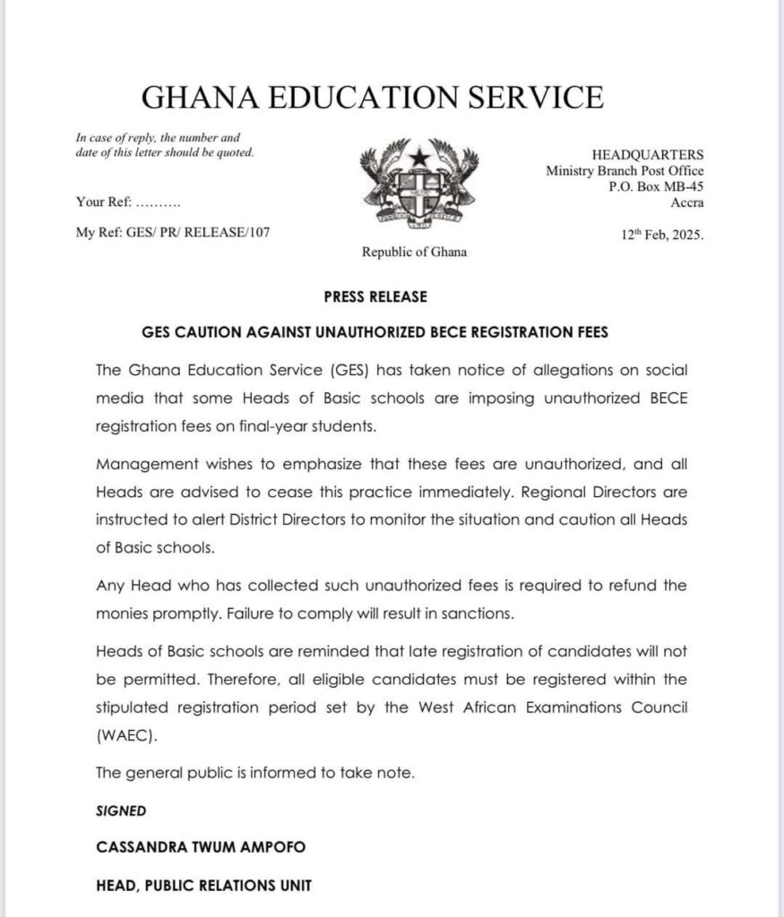 GES CAUTION AGAINST UNAUTHORIZED BECE REGISTRATION FEES