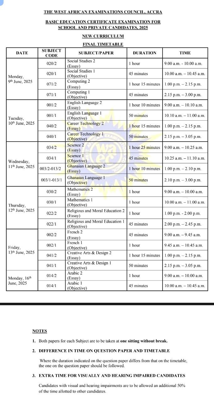 2025 Official BECE Timetable Sent to Schools to Download Word/PDF