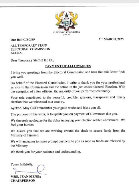 Electoral Commission Ghana Announces Allowance and Feeding Payments for Temporary Staff
