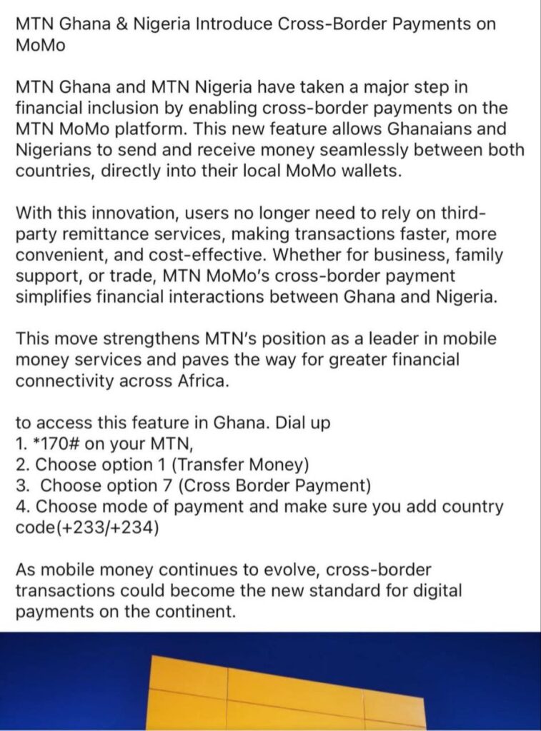 MTN Cross Border payment transfer from Ghana to Nigeria