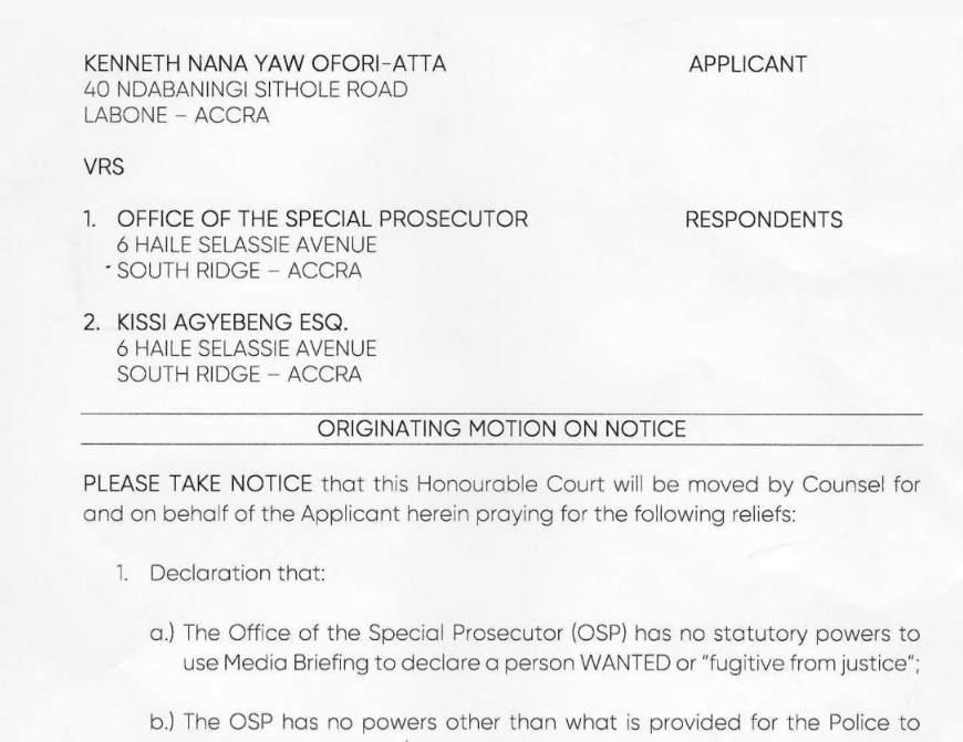 Ofori-Atta sues OSP for declaring him wanted